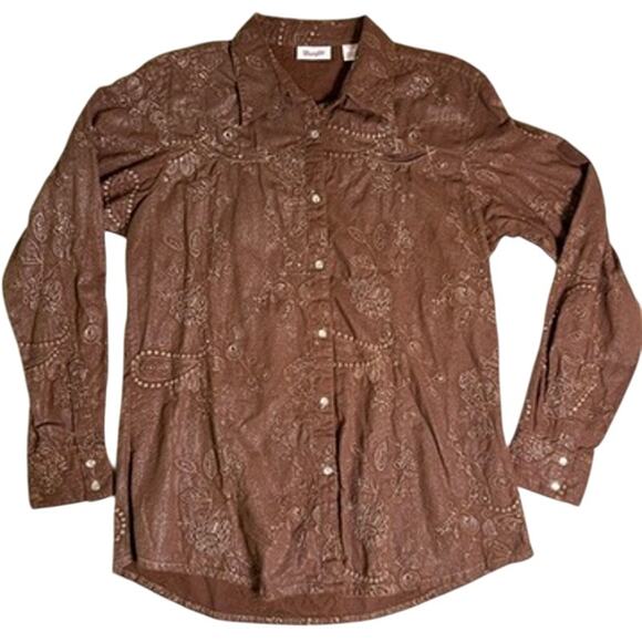 Wrangler Pearl Snap Shirt Womens Large Brown All Over Embroidered Sparkle Snaps - Picture 1 of 6